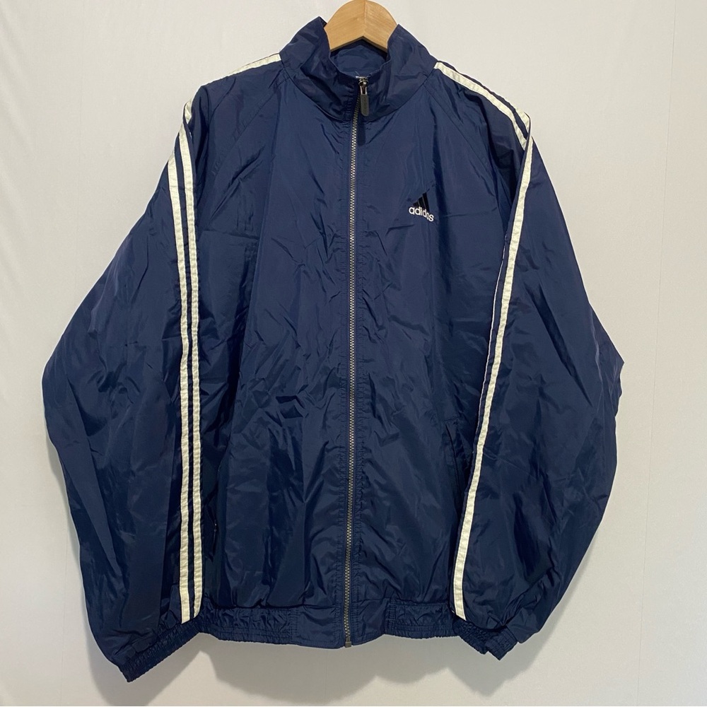 Vintage Adidas Navy 3 Stripe Windbreaker Hooded Track Jacket Mens L